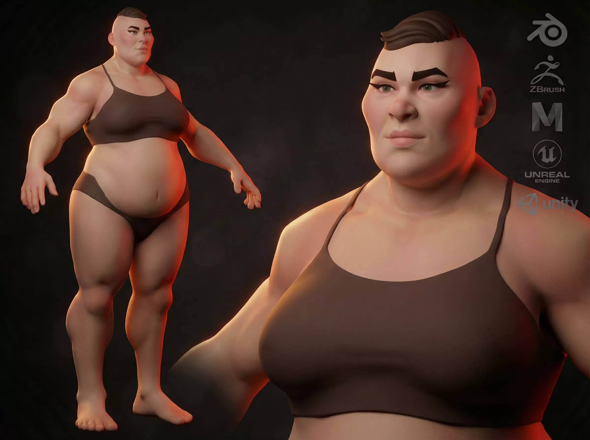 Cartoon fat female character base mesh Low-poly 3D model