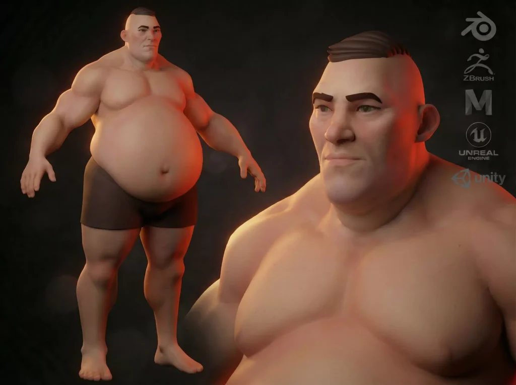 Cartoon fat male character base mesh Low-poly 3D model Free
