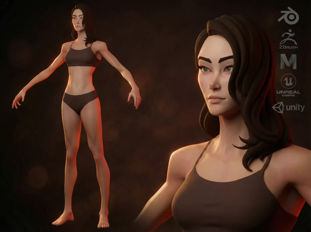 Cartoon female character base mesh Low-poly 3D model Free
