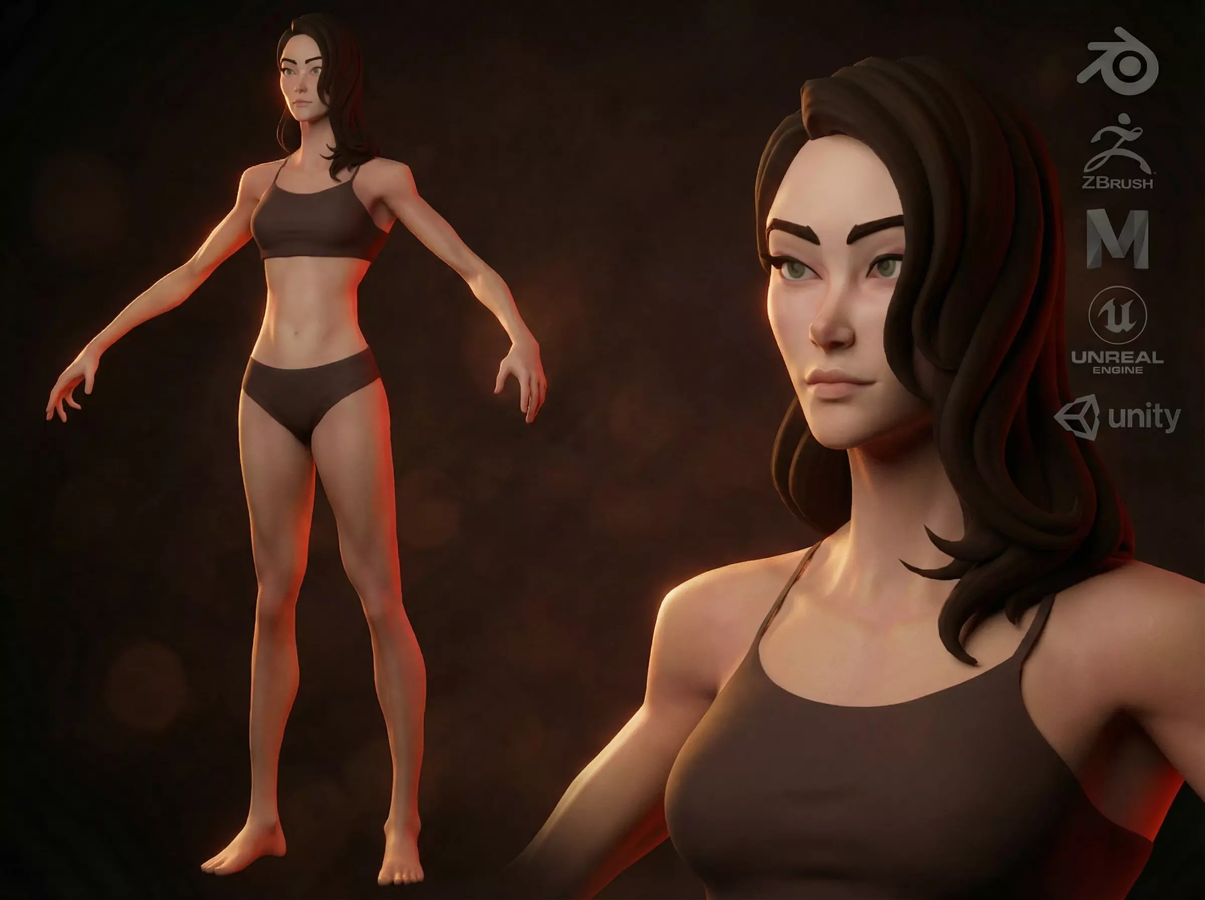 Cartoon female character base mesh Low-poly 3D model Free