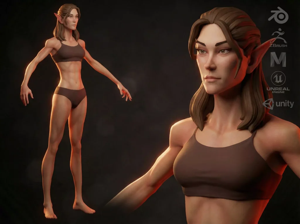 Cartoon female character fantesy base mesh Low-poly 3D model