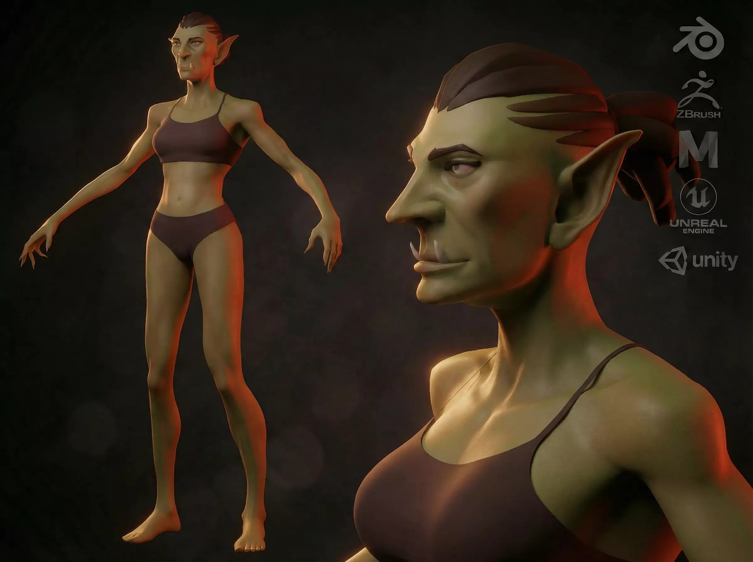 Cartoon female character Goblin base mesh Low-poly 3D model