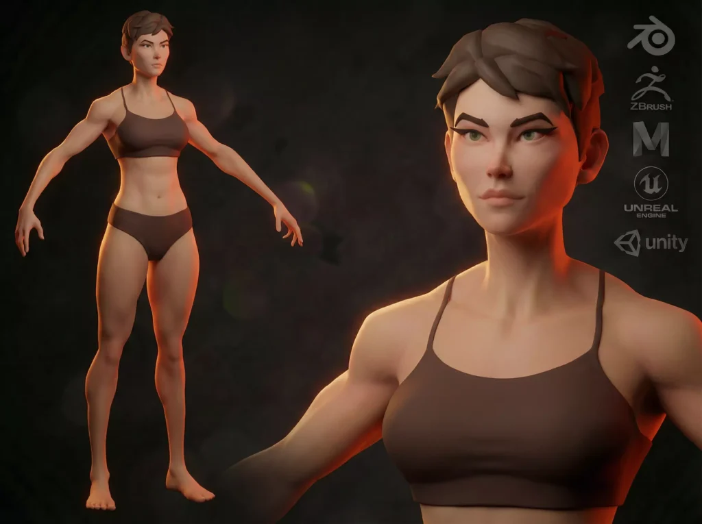 Cartoon female character strong base mesh Low-poly 3D model Free