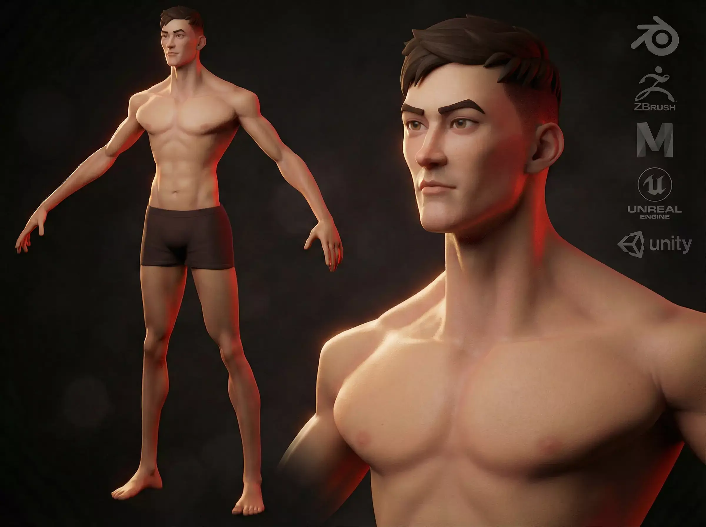 Cartoon male strong character base mesh Low-poly 3D model